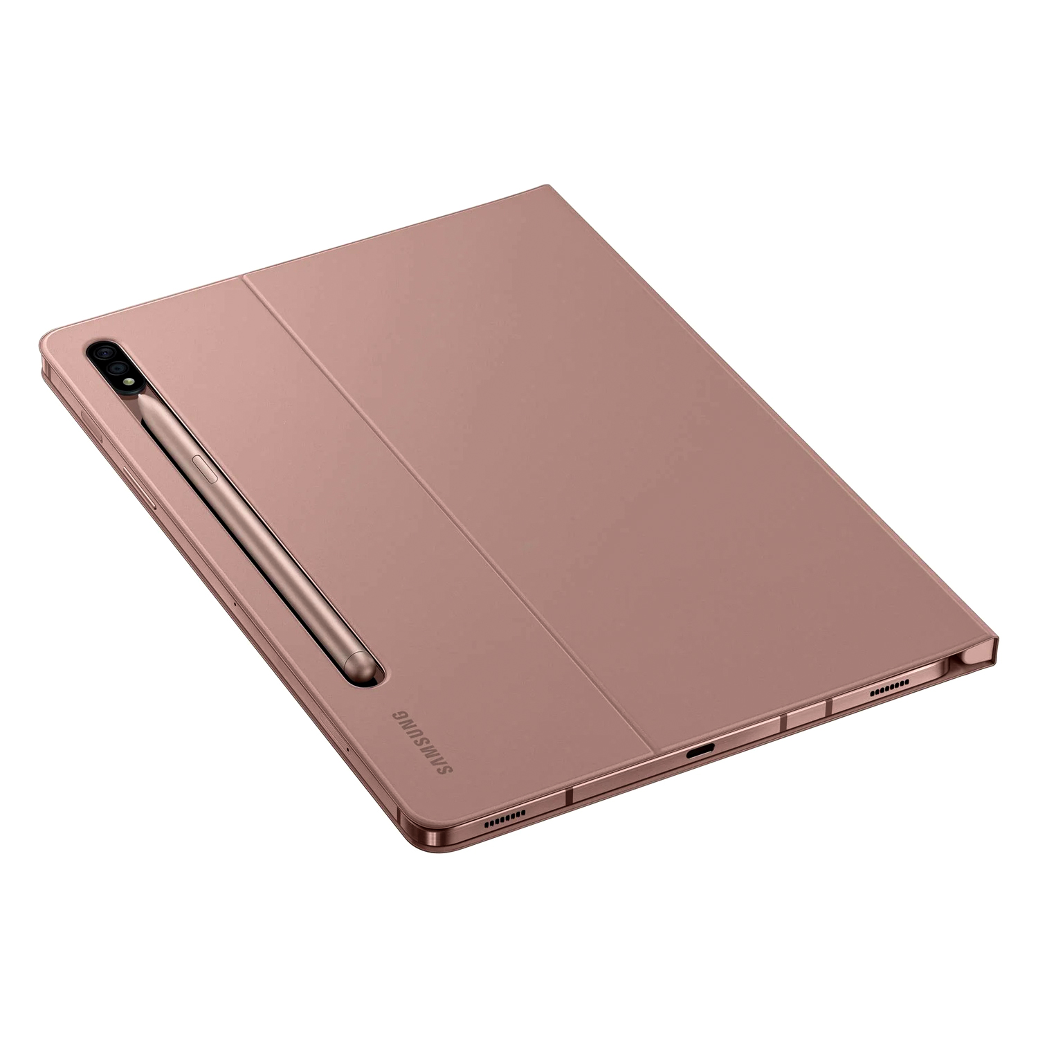 Arkasında manyetik olarak tutturulmuş kalem bulunan pembe altın rengi kapalı tablet.