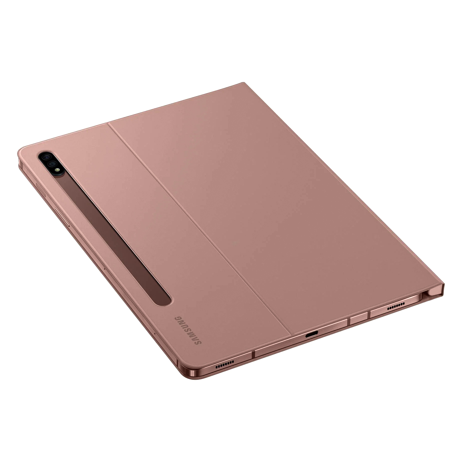 Beyaz arka planda çift kamerası ve arkasında kalem yuvası görünen, kapalı kılıf içinde gül kurusu renkli tablet.