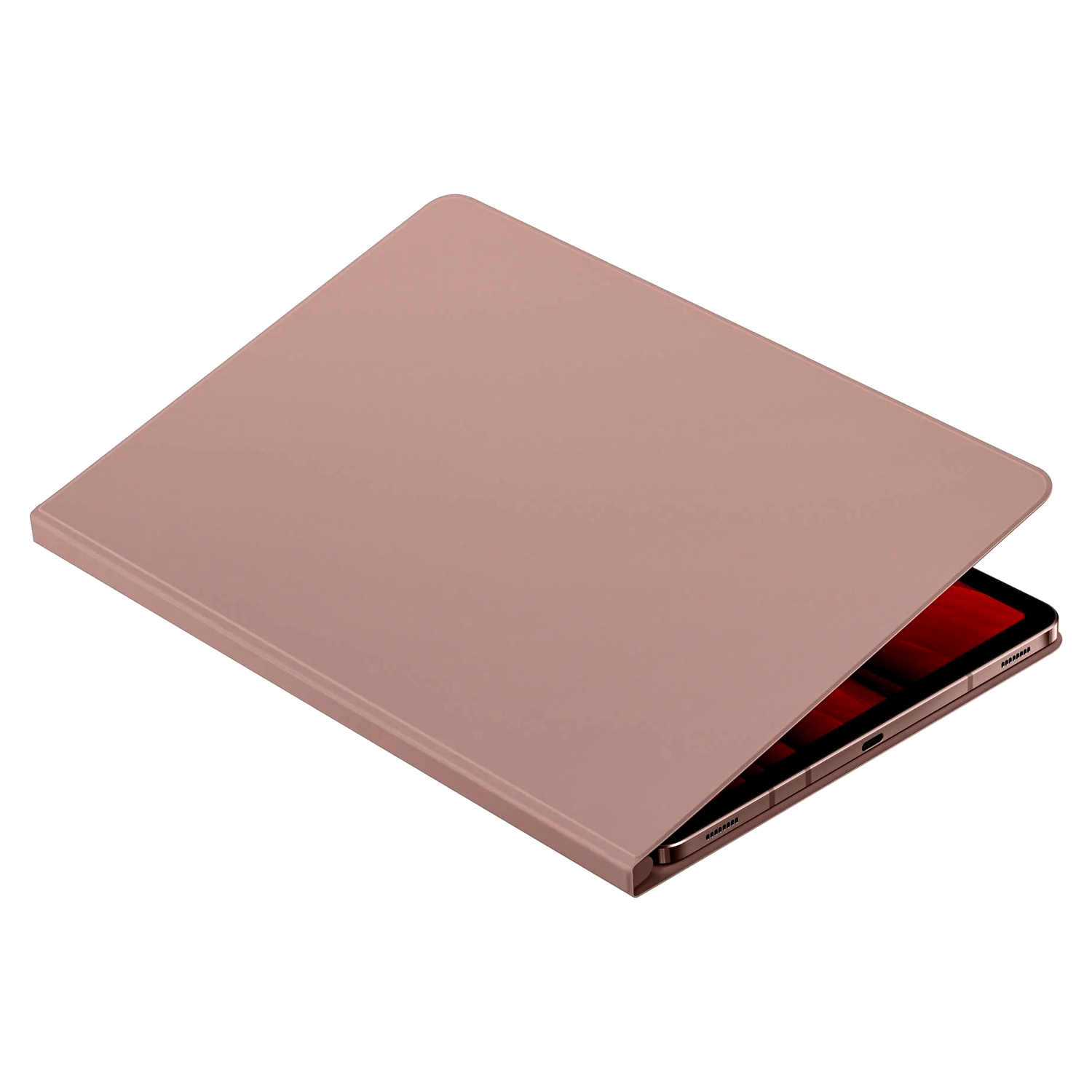 Düz bir yüzeyde duran, kapalı konumda pembe bir tablet kılıfı.