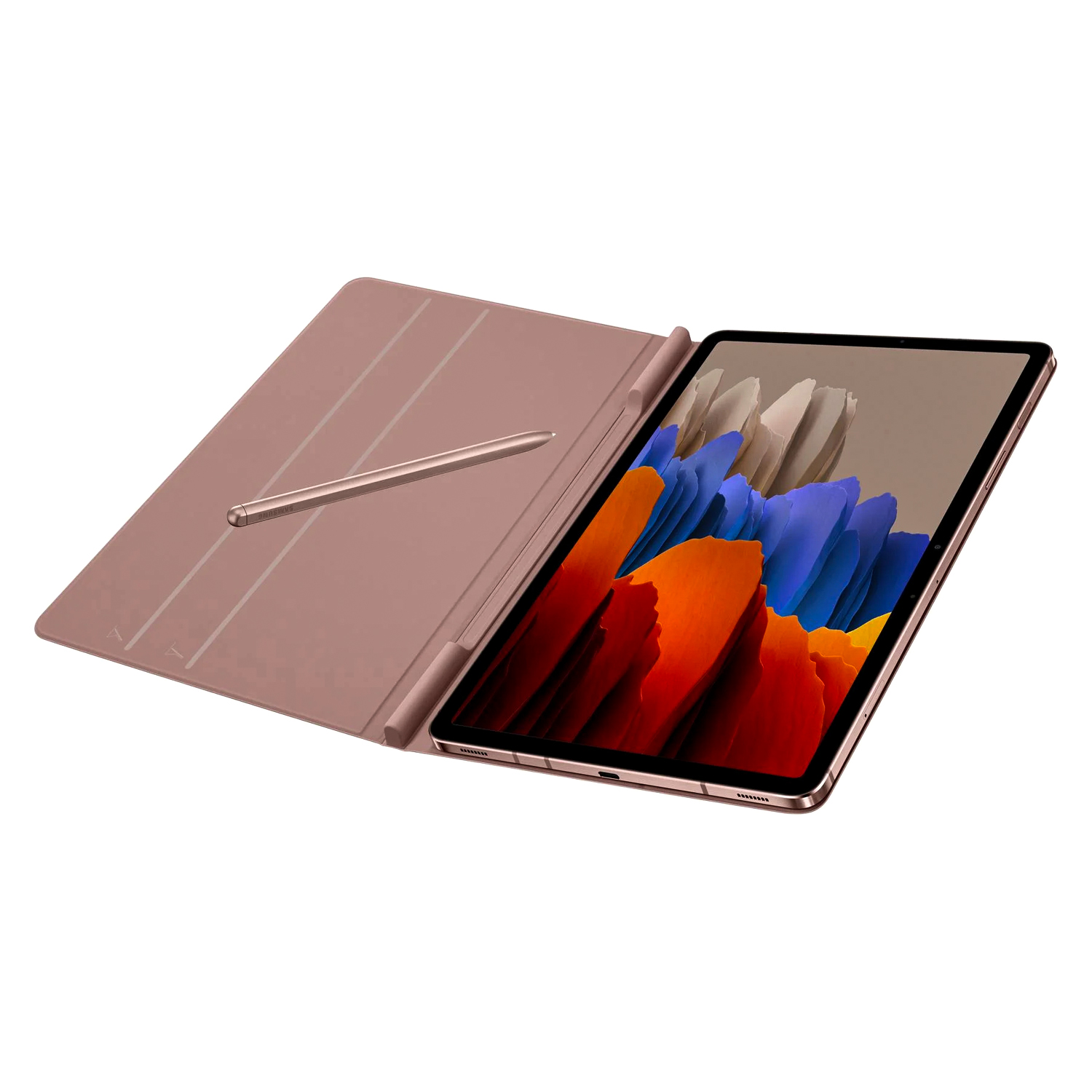 Beyaz arka planda uyumlu kılıfı ve kalemi olan pembe altın rengi tablet.