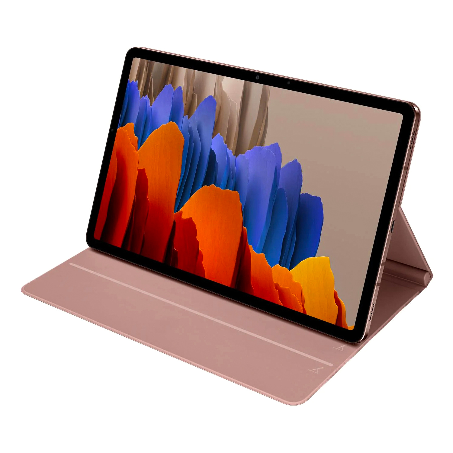 Uyumlu kılıf içindeki gül kurusu tablet, mavi, turuncu ve kahverengi soyut kaya oluşumlarından oluşan renkli bir duvar kağıdı gösteriyor.
