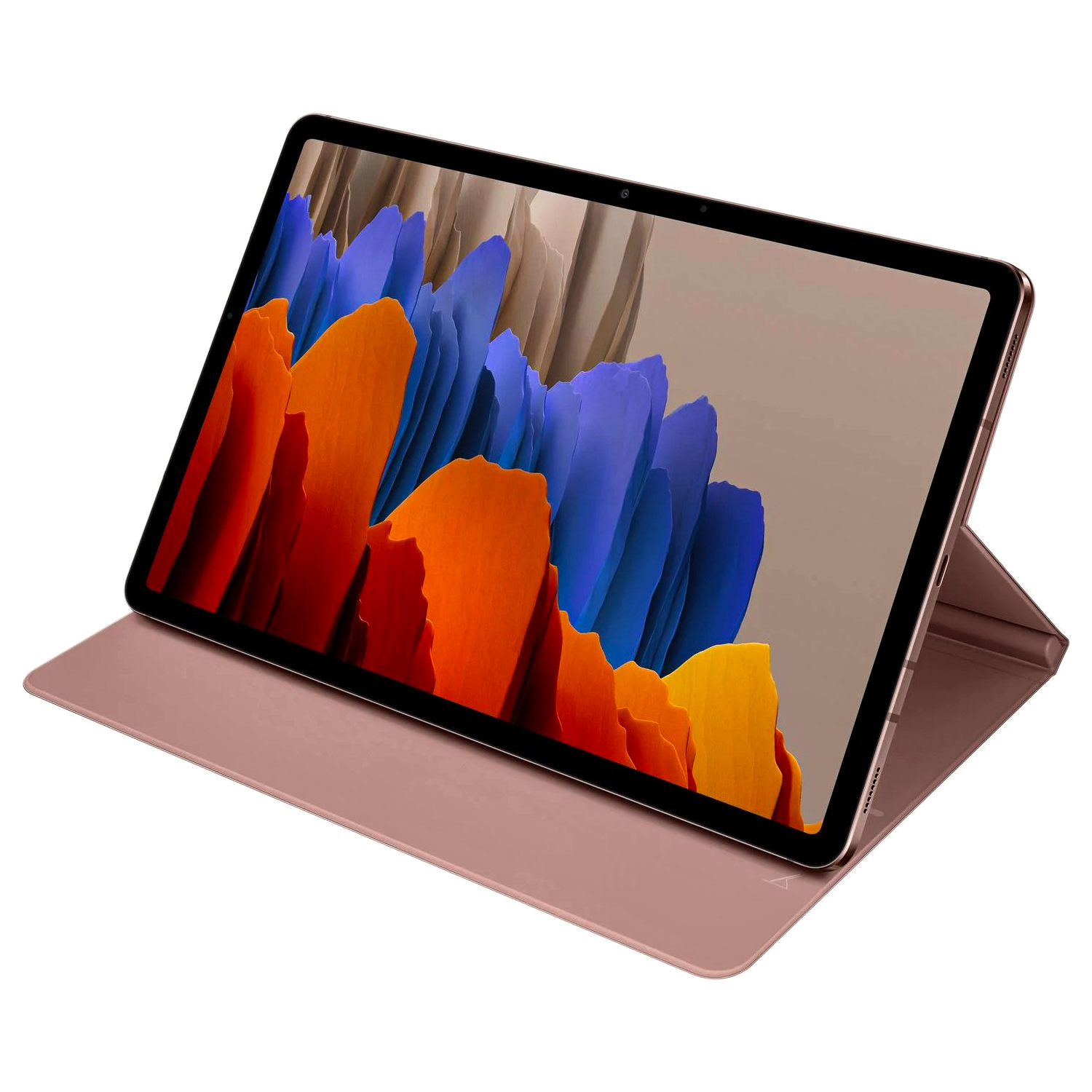 Uyumlu bir kılıf içinde gül kurusu renginde bir tablet, beyaz arka planda duruyor ve renkli bir duvar kağıdı gösteriyor.