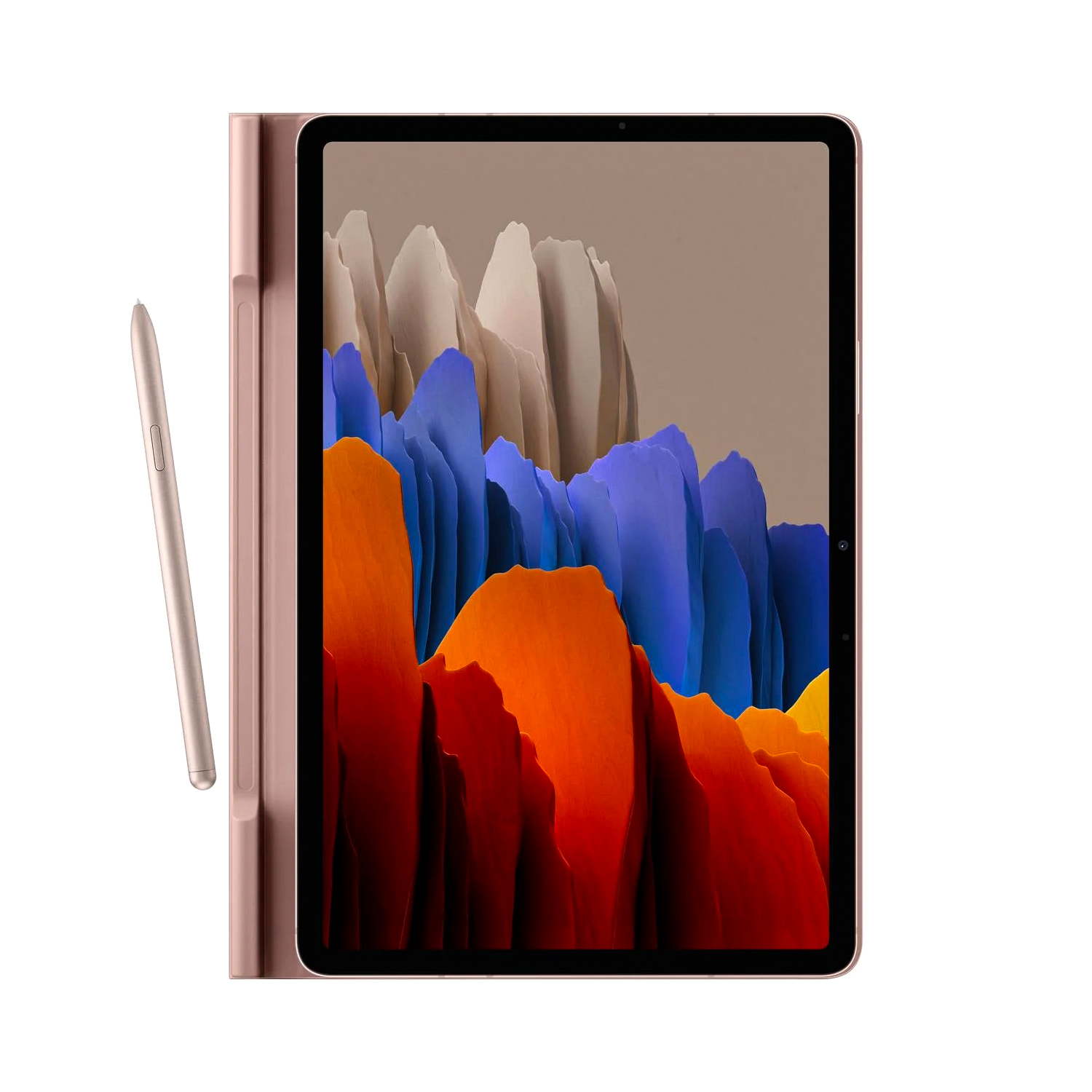 Beyaz arka planda renkli soyut duvar kağıdı gösteren, yanında kalem olan pembe kılıflı tablet.