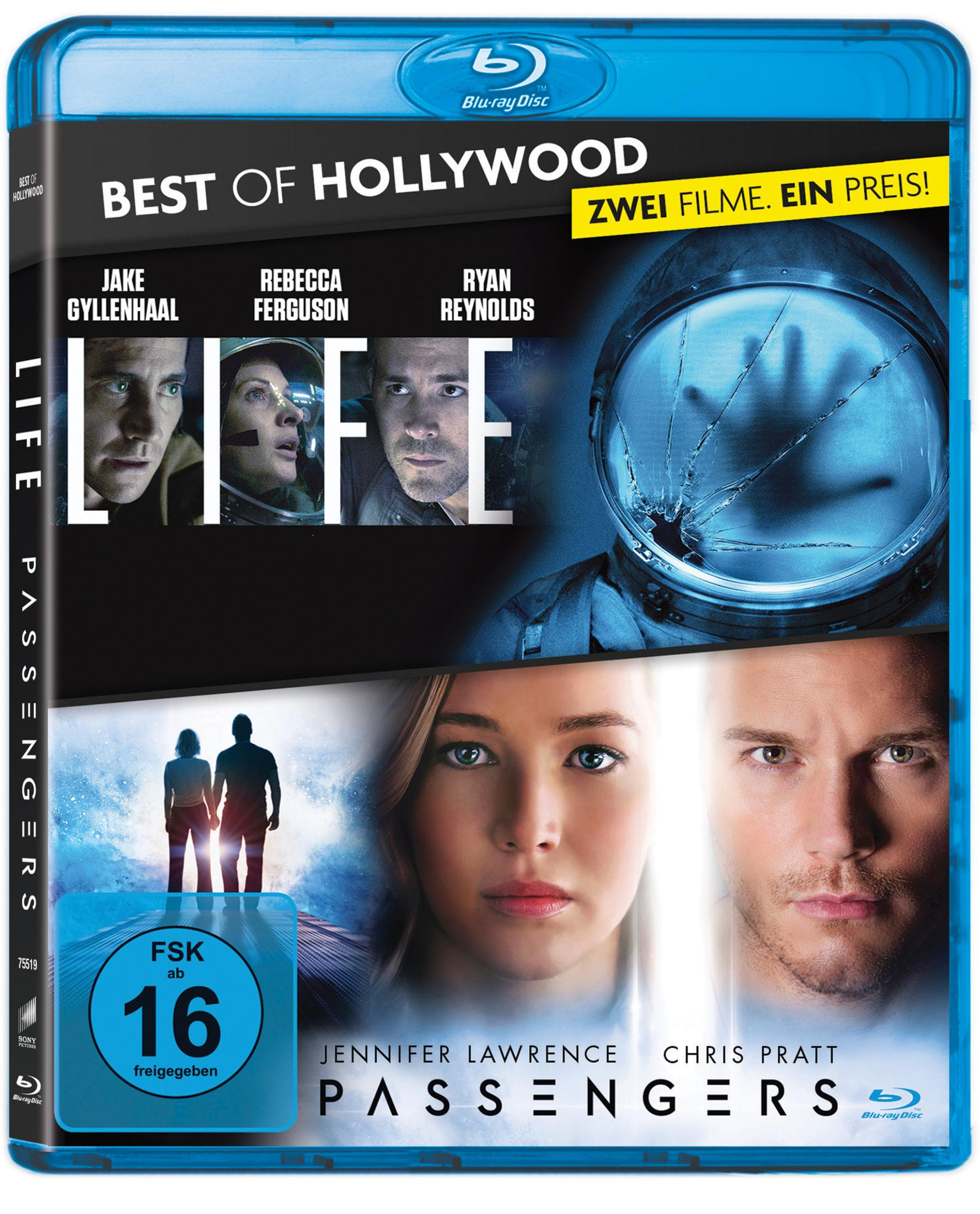 Blu-ray-Hülle mit zwei Filmen, Life und Passengers, mit den Hauptdarstellern und einem FSK-16-Alterskennzeichen.