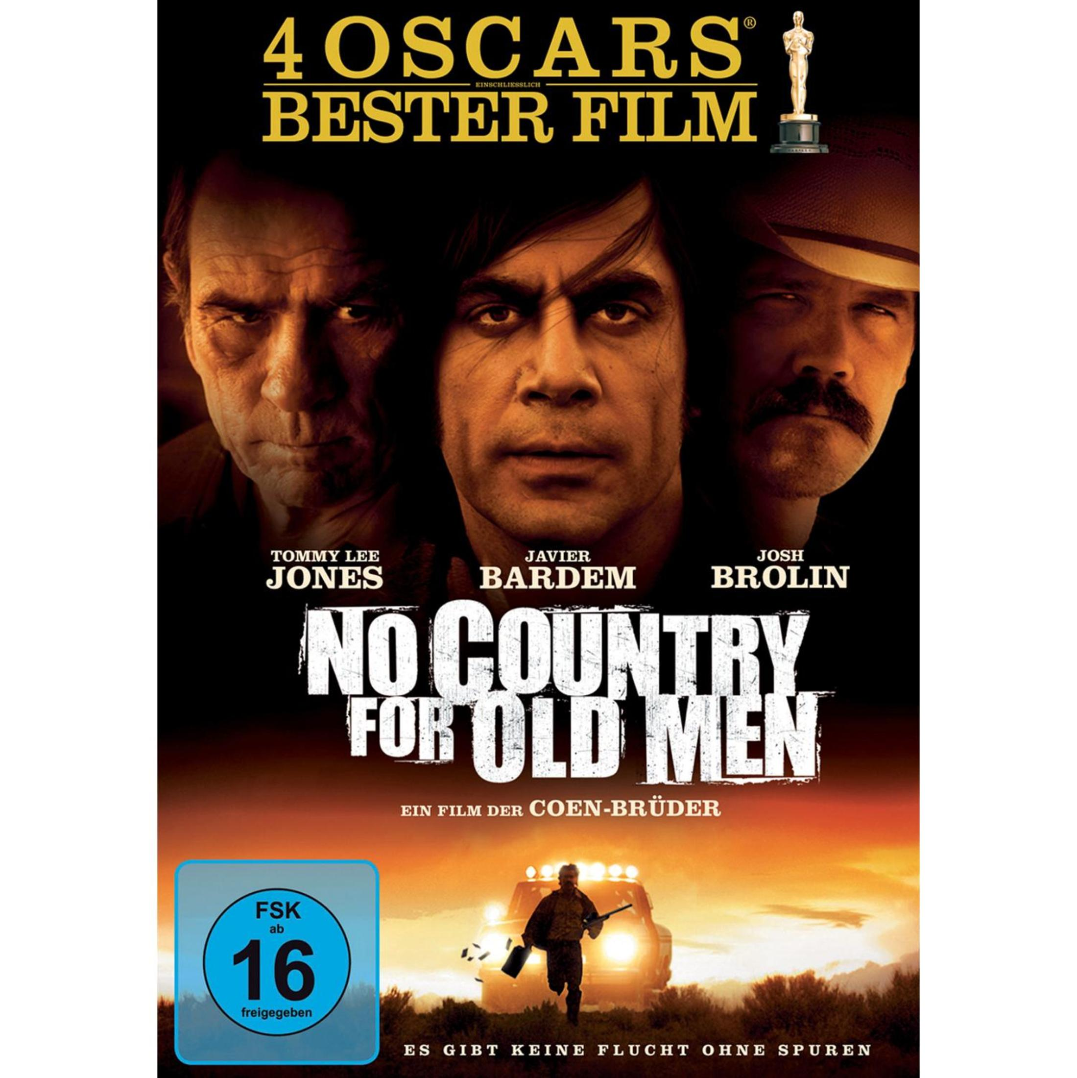 DVD-Cover von No Country for Old Men mit Porträts von Tommy Lee Jones, Javier Bardem und Josh Brolin.