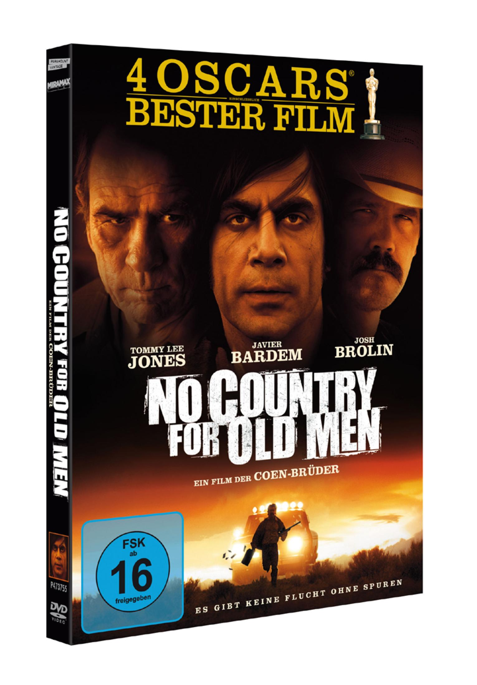 DVD-Cover von No Country for Old Men mit Porträts von Tommy Lee Jones, Javier Bardem und Josh Brolin.