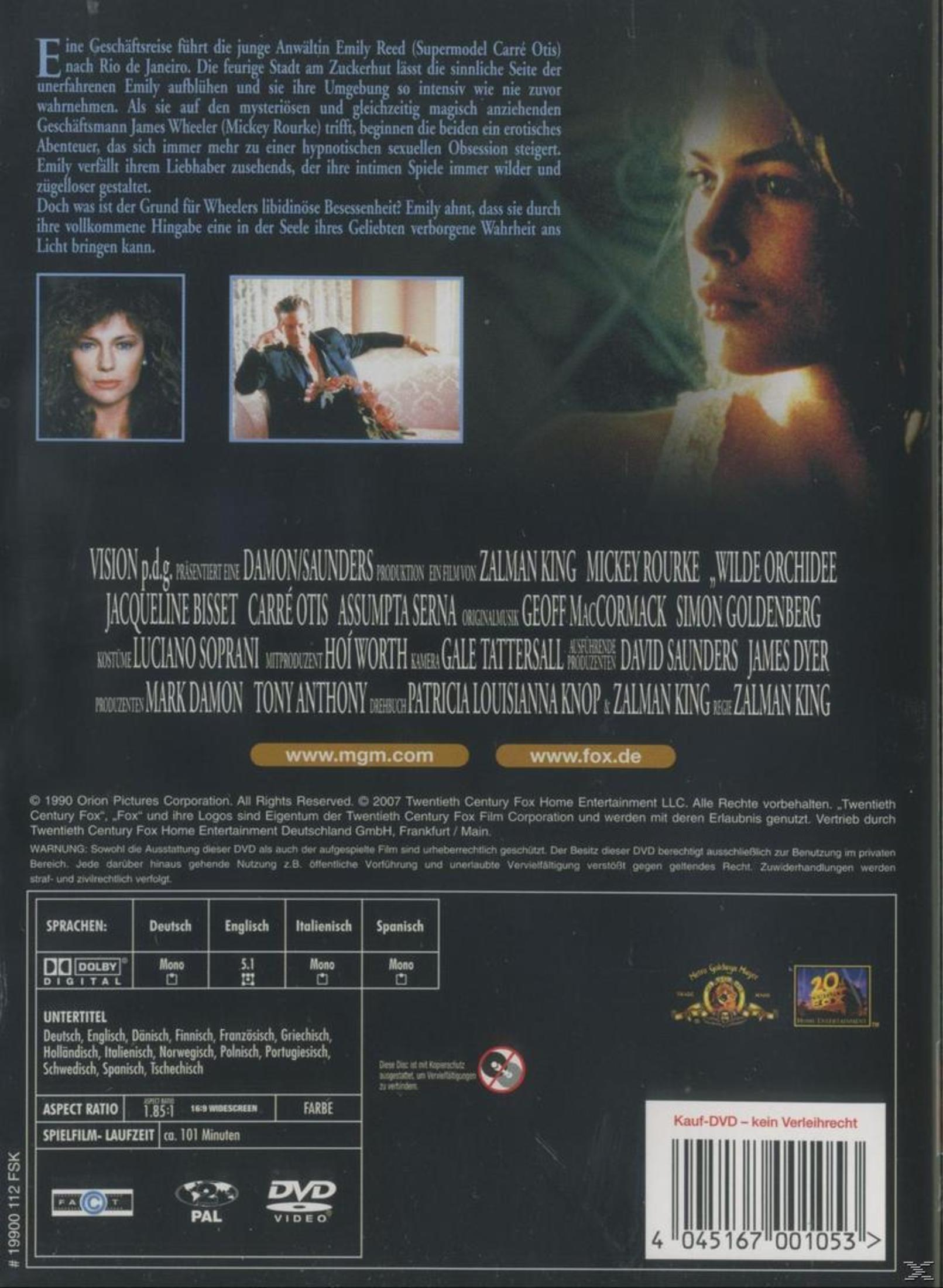 DVD-Rückseite des Films Wilde Orchidee mit Text, Bildern, Credits, Barcode und technischen Details.