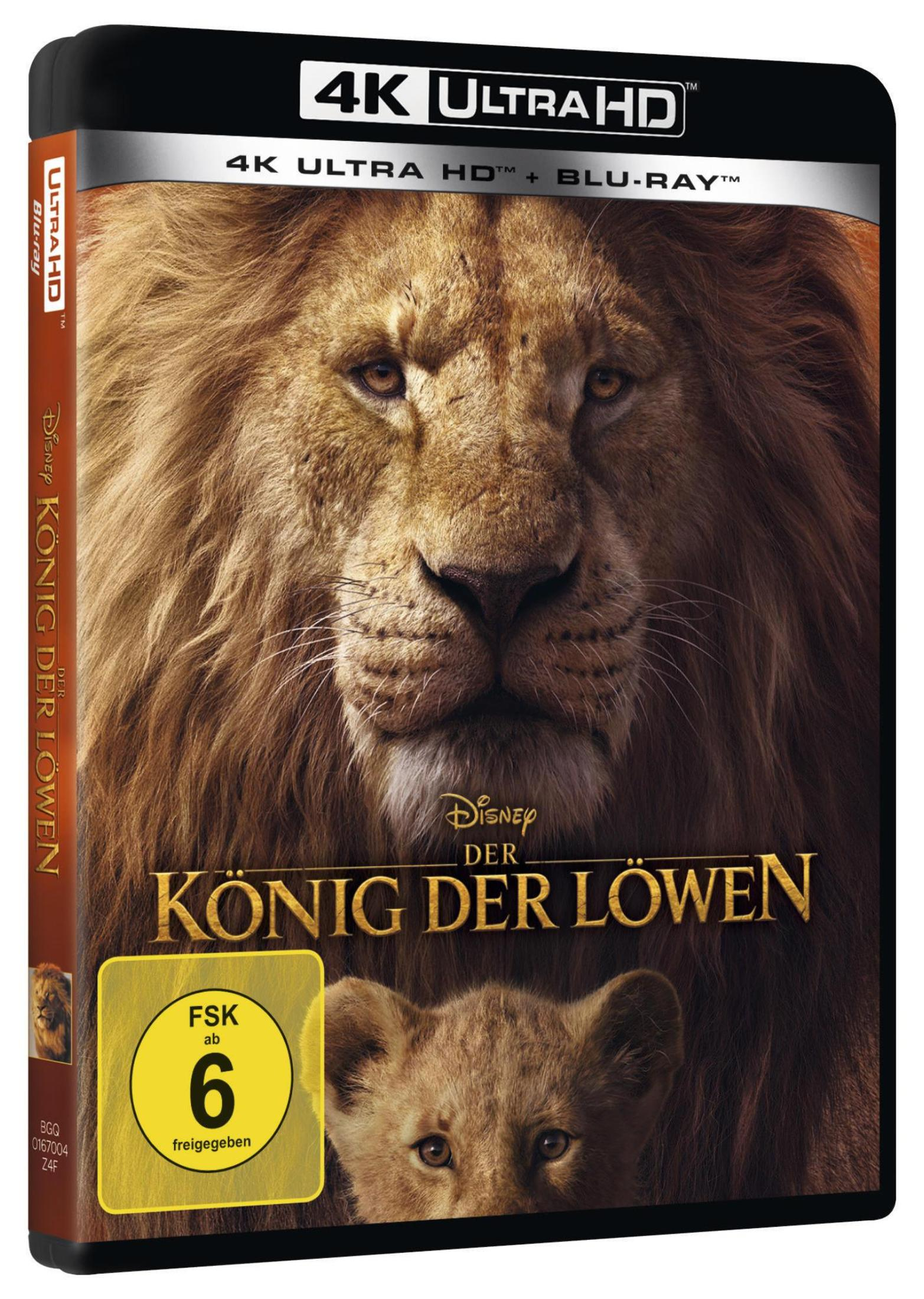 Blu-ray-Hülle von Der König der Löwen in 4K Ultra HD mit einem großen männlichen Löwen und einem Löwenjungen.
