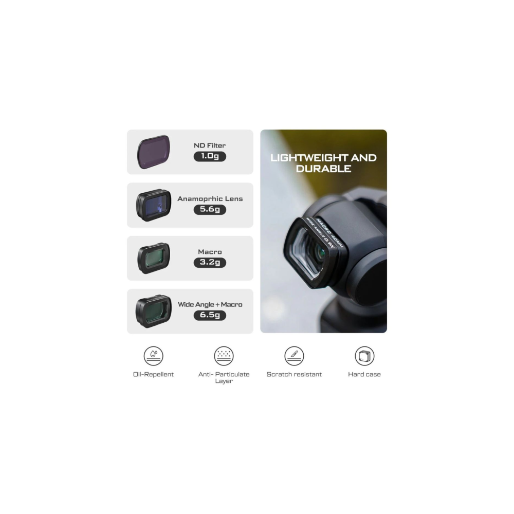 Pubblicità di prodotti per gimbal leggeri e resistenti con vari filtri per lenti.