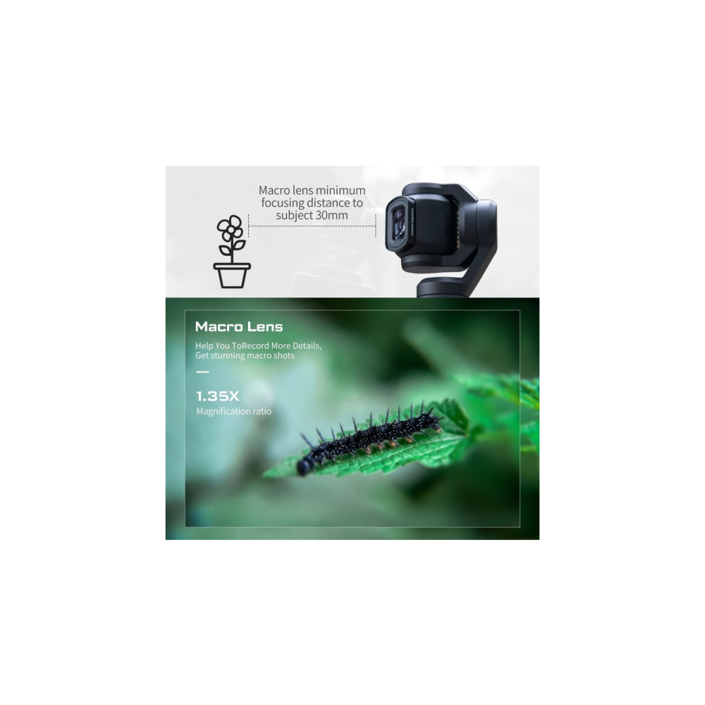 Un obiettivo macro nero focalizzato su un bruco su una foglia verde con testo che descrive una distanza di 30mm.