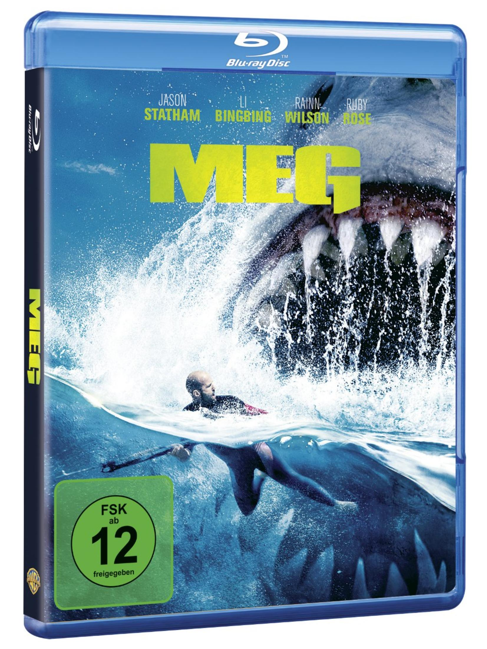 Blu-ray-Hülle von Der Meg, zeigt einen Schwimmer im Wasser vor dem Maul eines riesigen Hais.