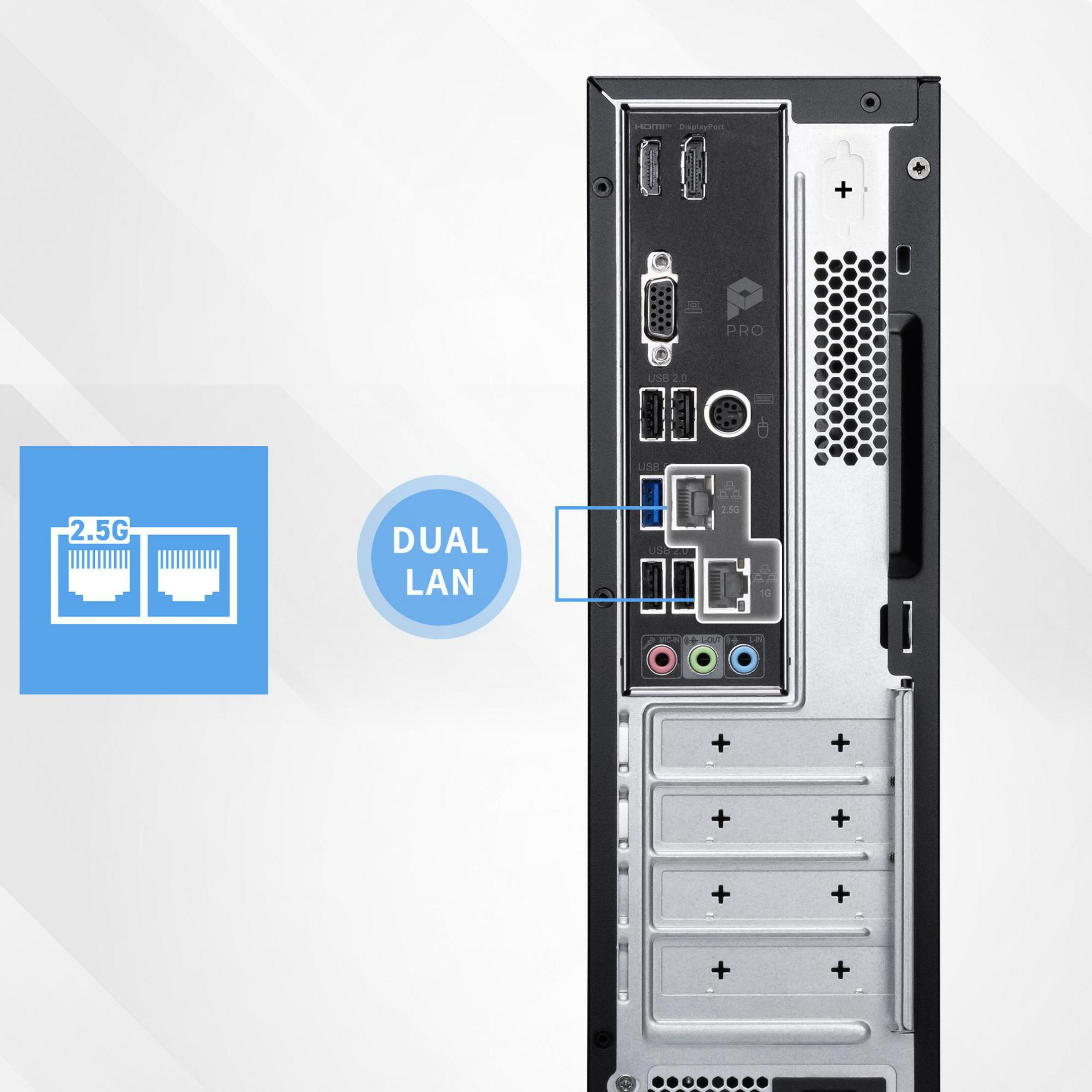 Rückseite eines Desktop-PCs mit Dual-LAN-Anschlüssen, USB-Ports, Videoausgängen und Audiobuchsen.
