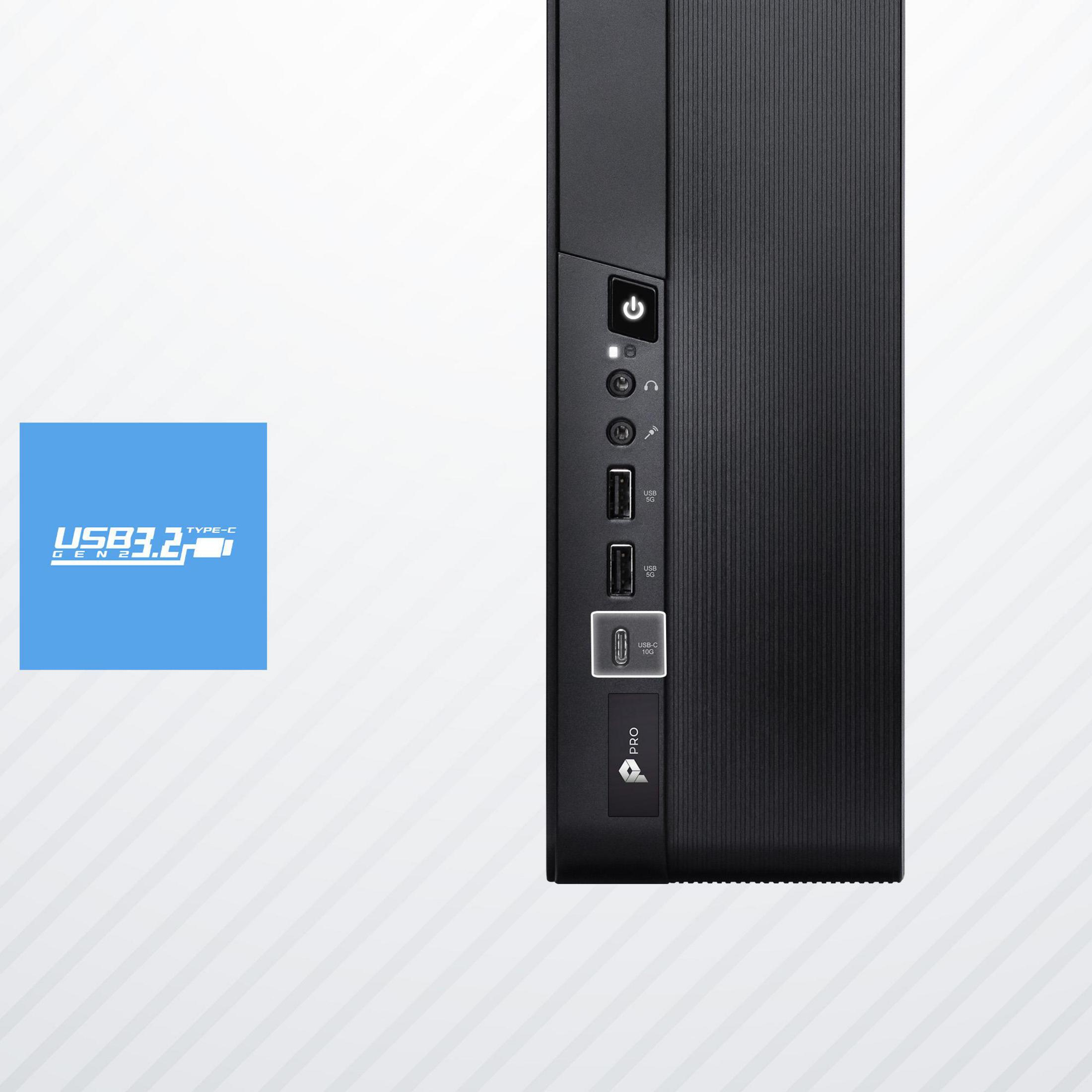 Vorderseite eines schwarzen PC-Gehäuses mit Power-Knopf, Audio-, USB- und USB-C-Anschlüssen.
