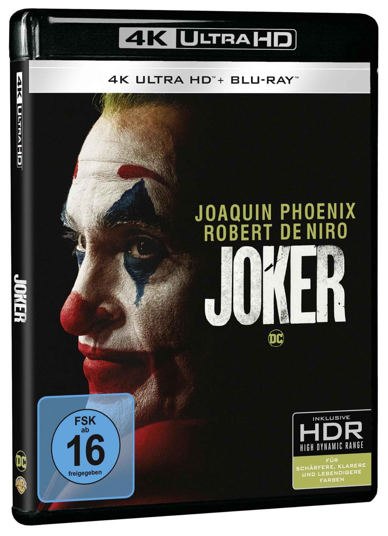 Joker 4K Ultra HD Blu-ray-Hülle mit Joaquin Phoenix im Clown-Make-up vor dunklem Hintergrund.