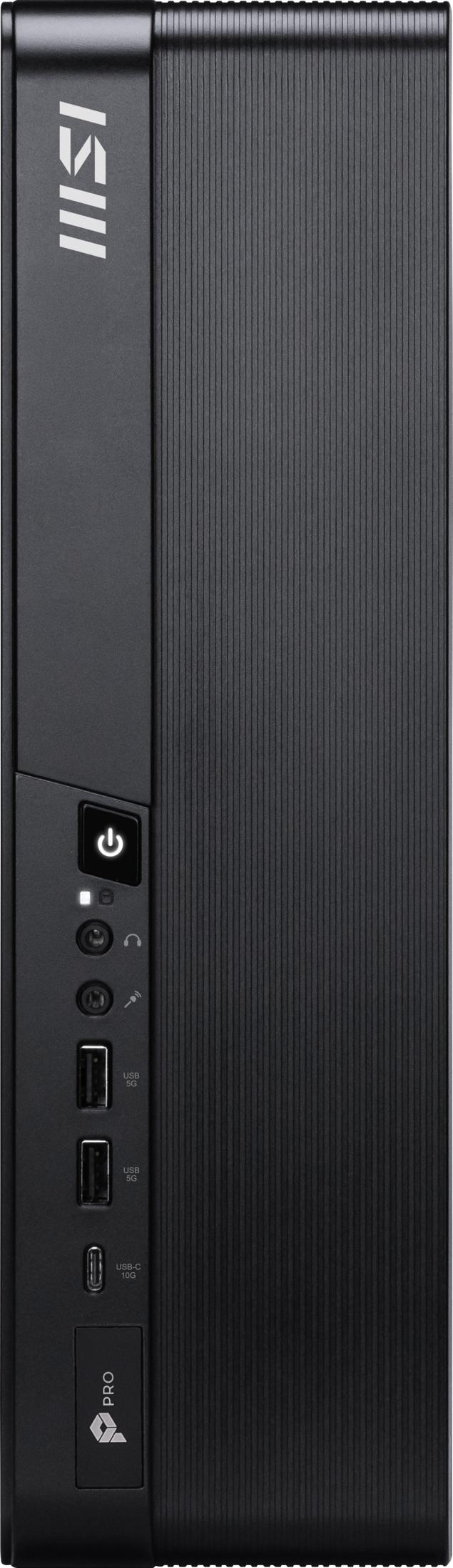 Frontansicht eines schwarzen MSI Pro PC-Gehäuses mit vertikalen Rillen, Power-Button, Audio- und USB-Anschlüssen.
