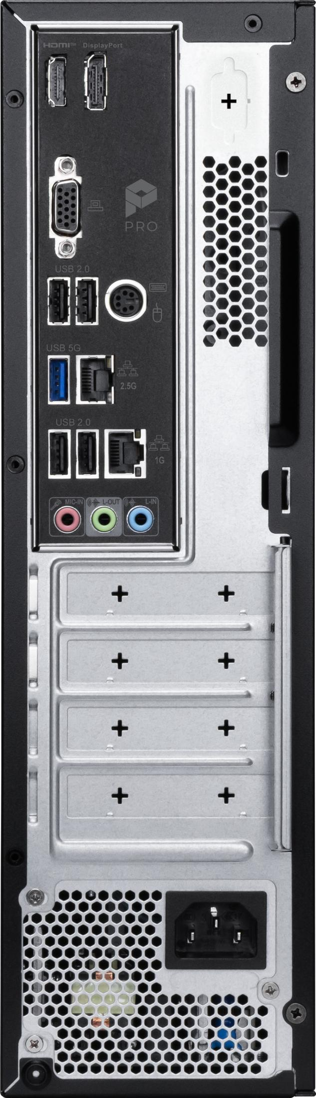 Rückseite eines Desktop-PCs mit HDMI, DisplayPort, VGA, USB-Anschlüssen, Ethernet und Audio-Ports.