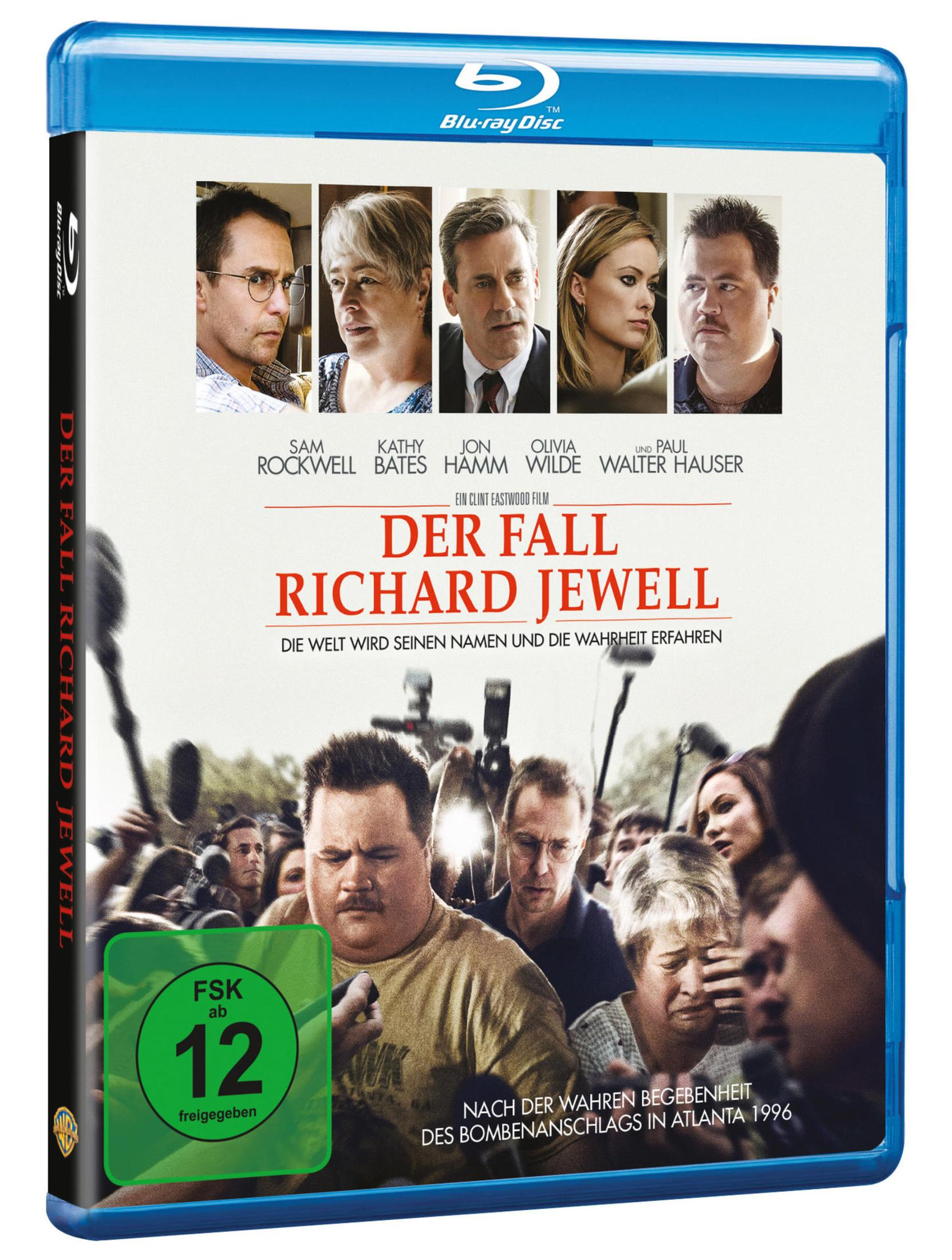 Blu-ray-Hülle des Films Der Fall Richard Jewell mit fünf Charakterporträts und einer Menschenmenge im Hintergrund.
