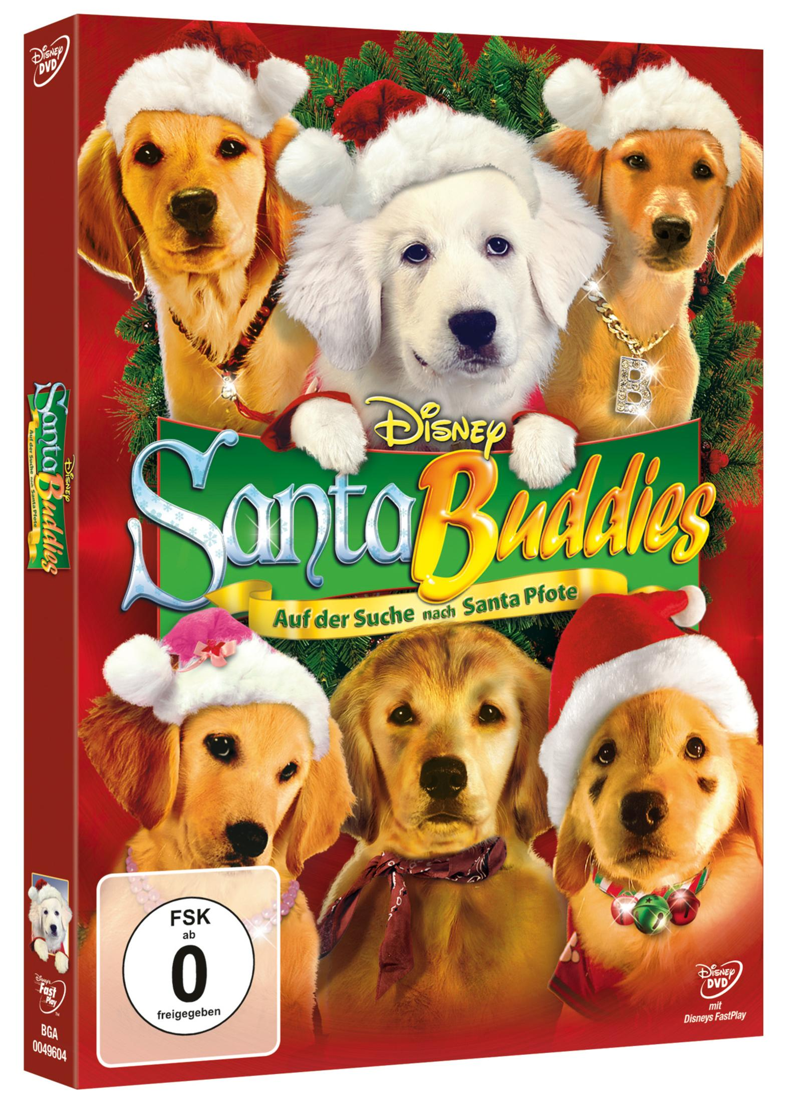 DVD-Cover von Santa Buddies mit fünf goldenen Retrieverwelpen und einem weißen Welpen in Weihnachtsmützen vor grünem Kranz.