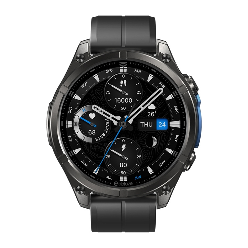 Smartwatch nero con display rotondo che mostra frequenza cardiaca, passi, meteo e data.