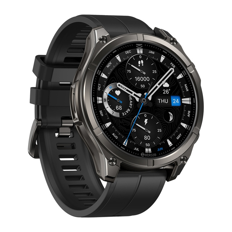 Uno smartwatch nero con quadrante digitale rotondo, ghiera testurizzata e cinturino in silicone.