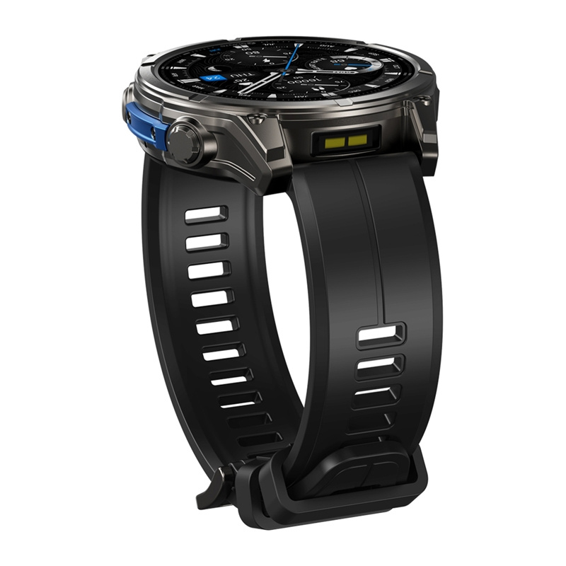 Smartwatch nero con cinturino testurizzato e dettagli blu sulla cassa robusta, su sfondo bianco.