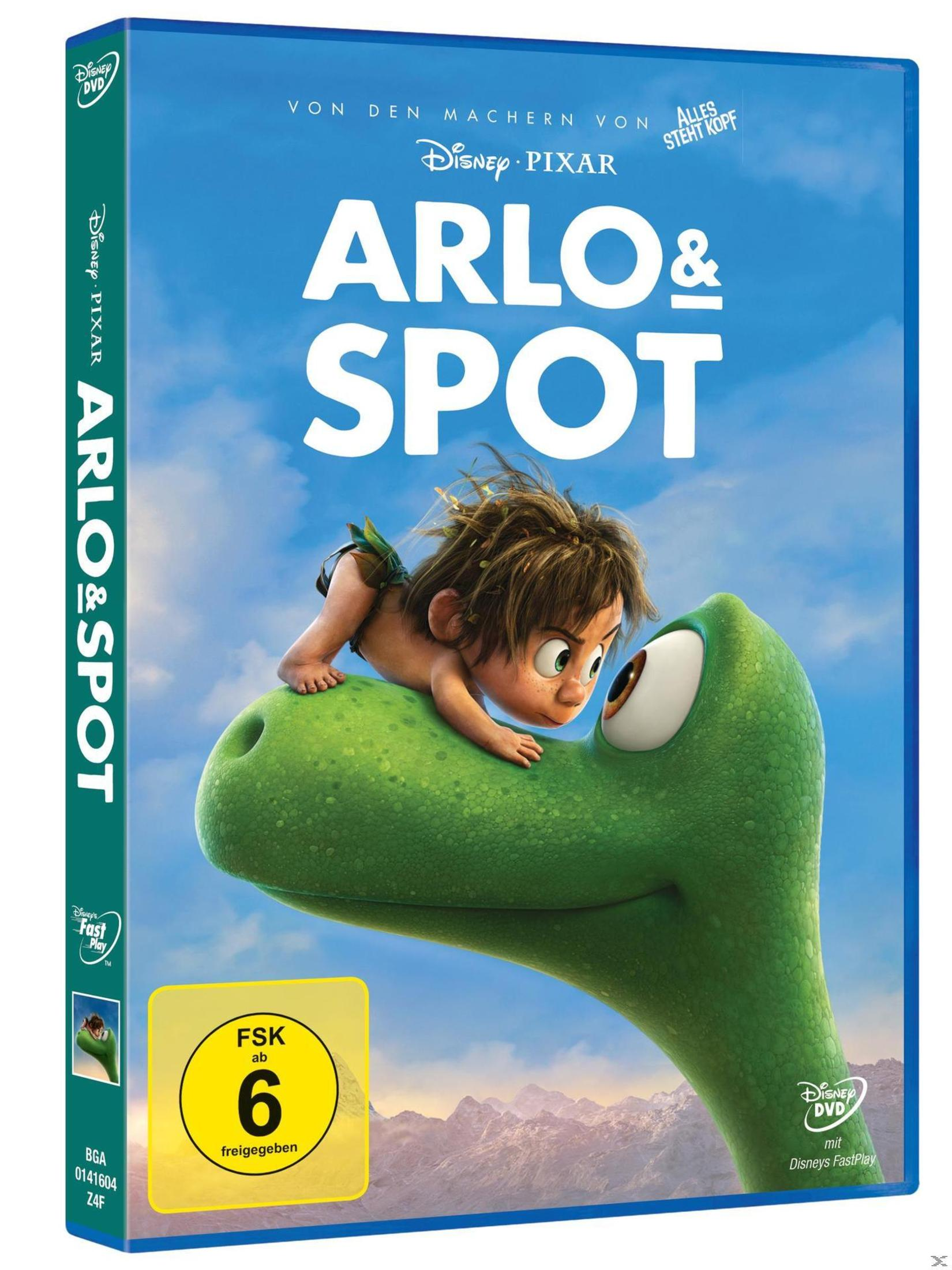 DVD-Cover von Arlo & Spot zeigt einen Jungen, der auf den Kopf eines großen grünen Dinosauriers schaut.