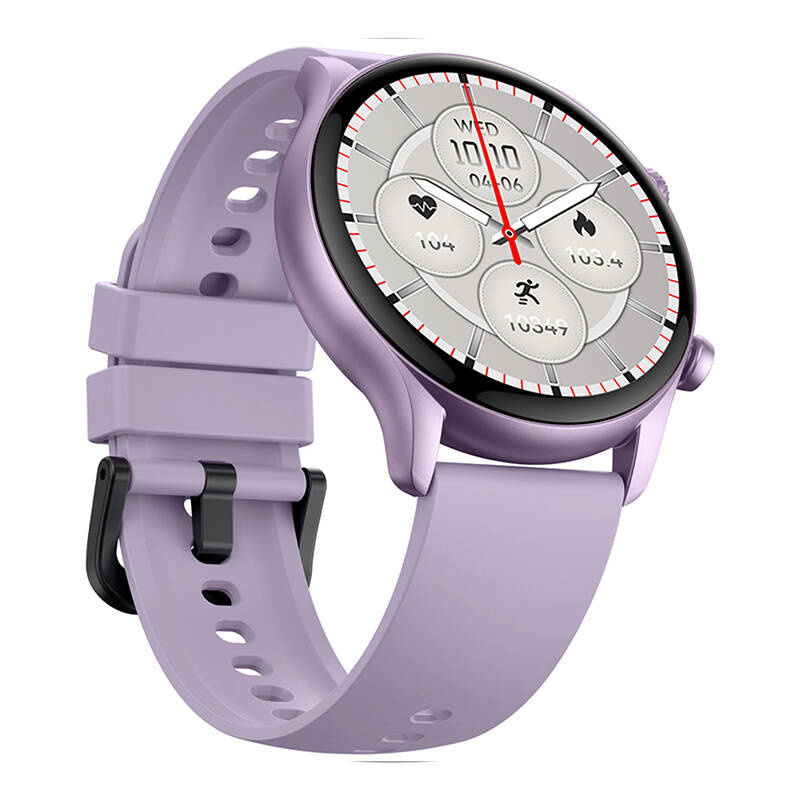 Uno smartwatch viola con quadrante rotondo e cinturino in silicone abbinato su sfondo bianco.