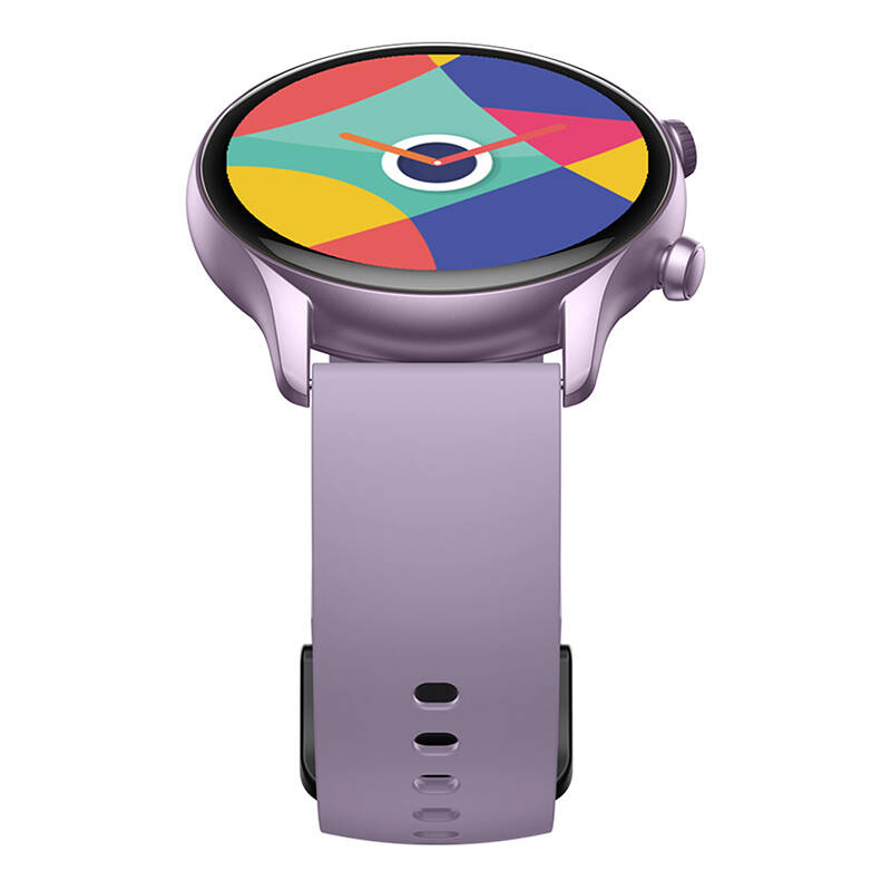 Uno smartwatch viola con quadrante rotondo e colorato e cinturino in silicone viola su sfondo bianco.