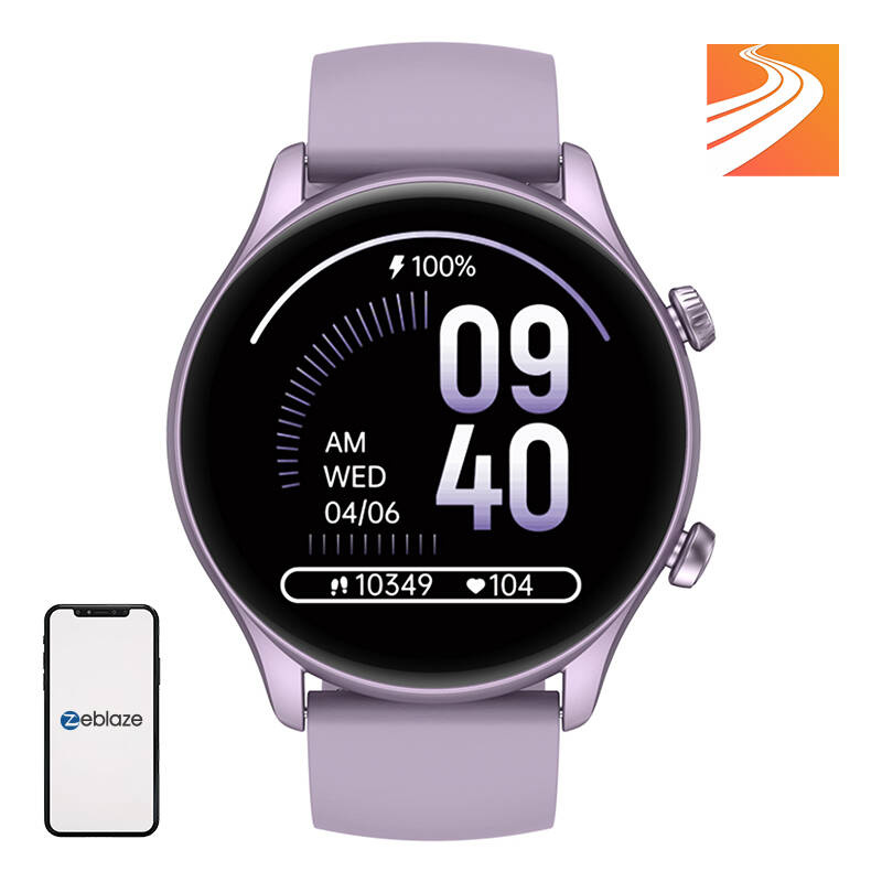 Uno smartwatch lavanda con display digitale che mostra ora, livello della batteria e dati di fitness.