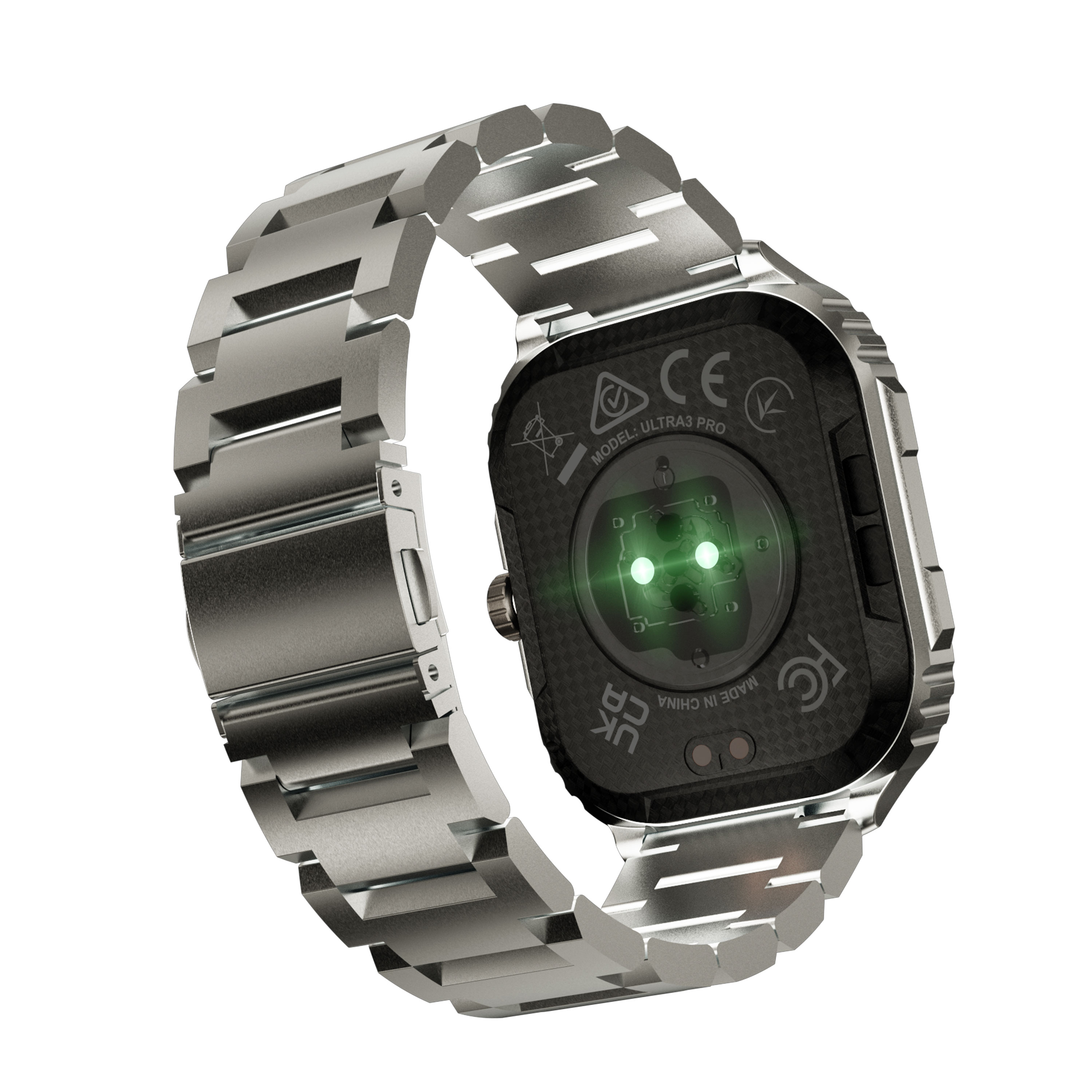 Vista posteriore di uno smartwatch argento con cinturino in metallo, luci sensore verdi e testo.