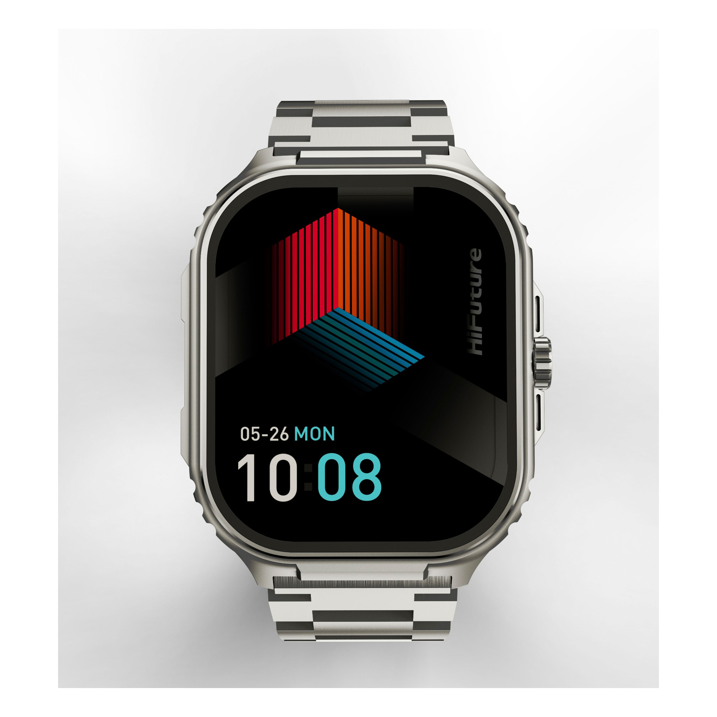Uno smartwatch argentato con cinturino in metallo mostra la data, l'ora e un motivo geometrico sullo schermo nero.
