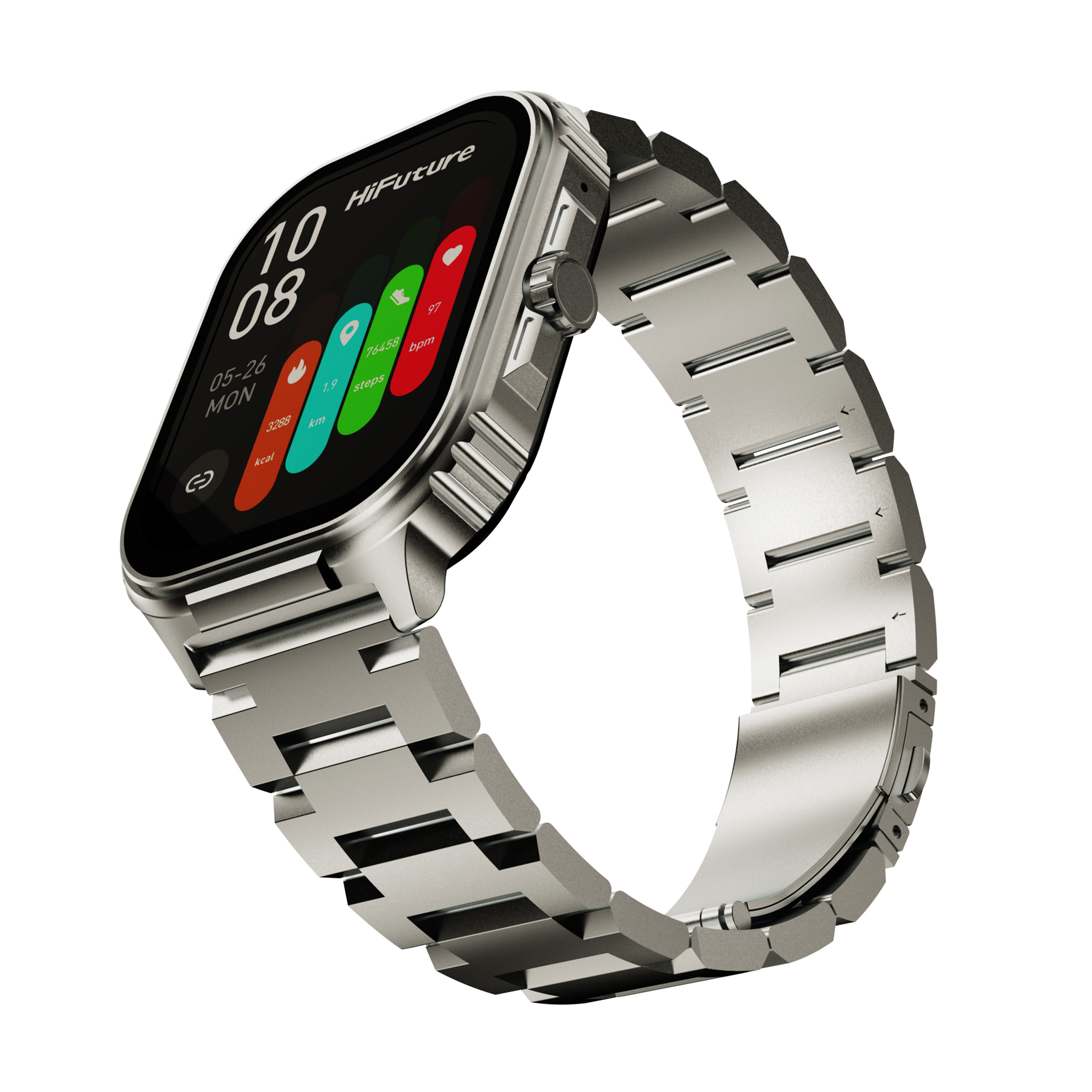 Smartwatch argento con cinturino in metallo e schermo digitale con dati di fitness.