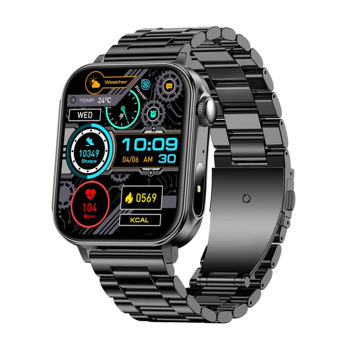 Smartwatch nero con cinturino in metallo e display digitale che mostra ora, passi e meteo.