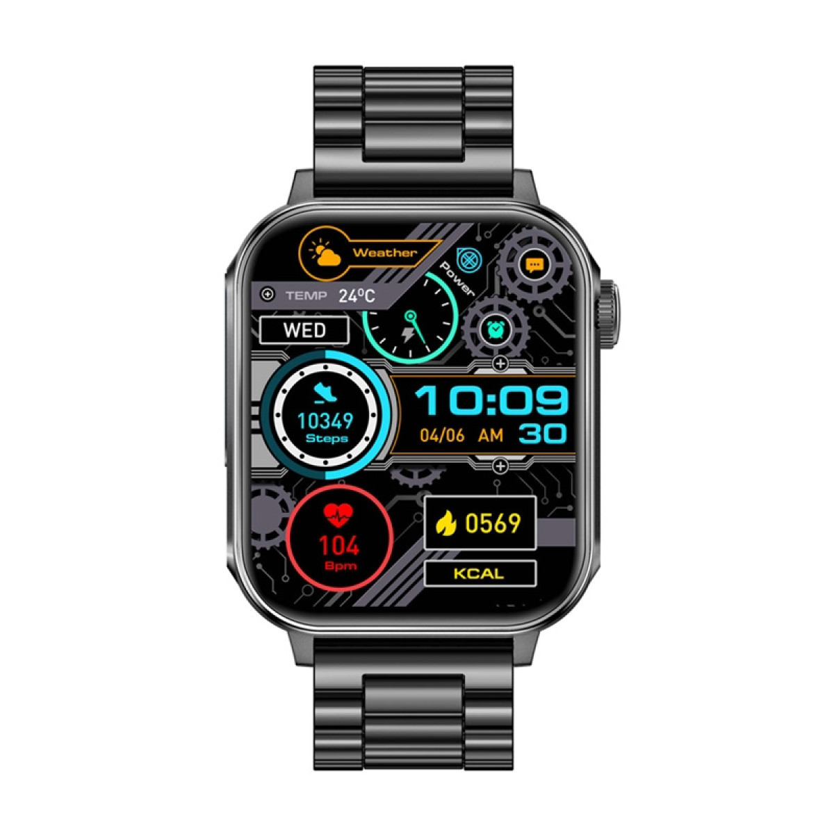 Uno smartwatch nero con cinturino in metallo mostra ora, passi, frequenza cardiaca e meteo sullo schermo.
