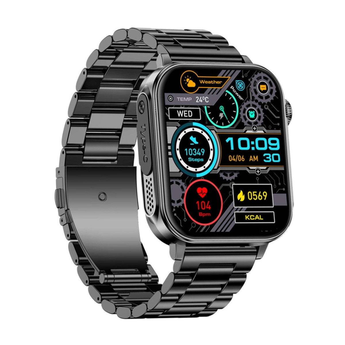 Uno smartwatch nero con cinturino in metallo e display digitale mostra ora, frequenza cardiaca e passi.