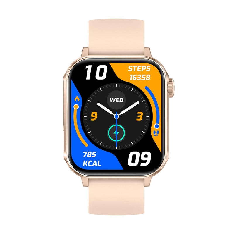 Uno smartwatch in oro rosa con cinturino beige e quadrante fitness digitale che mostra passi e calorie.
