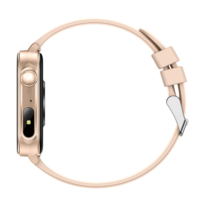 Vista laterale di uno smartwatch dorato con cinturino in silicone beige abbinato su sfondo bianco.