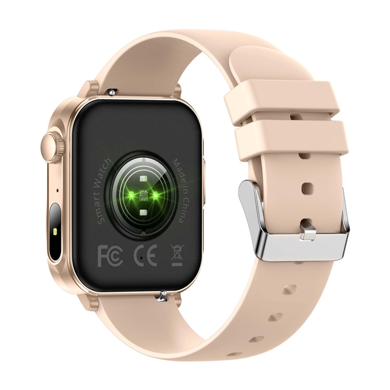Retro di uno smartwatch oro rosa con cinturino in silicone beige, sensori verdi luminosi e loghi.