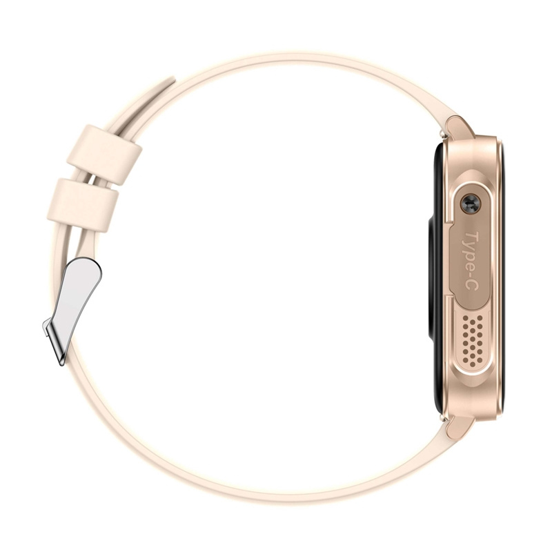 Uno smartwatch oro rosa con cinturino in silicone beige, porta Type-C laterale e altoparlante.