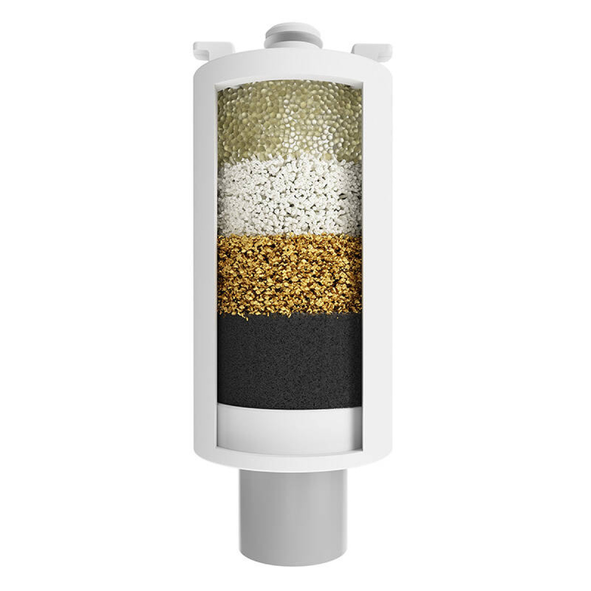 Un cilindro bianco mostra quattro diversi strati filtranti in giallo, bianco, oro e nero.