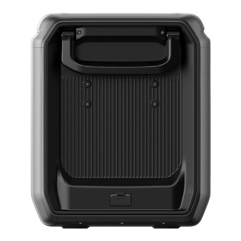Un dispositivo elettronico nero e robusto con maniglia, scanalature verticali e una porta in basso su sfondo bianco.