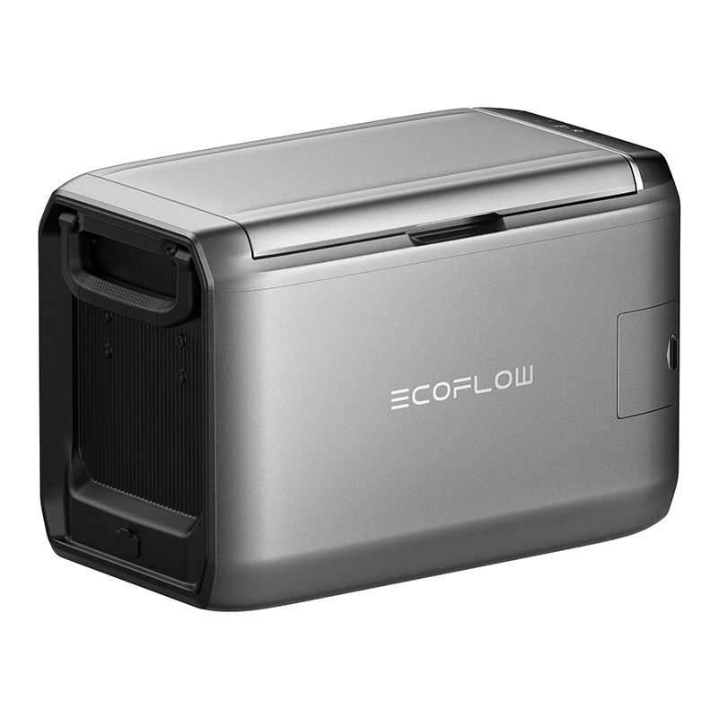 Un frigorifero portatile EcoFlow grigio con maniglie integrate su sfondo bianco.