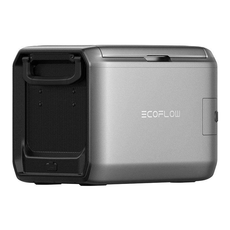 Frigorifero portatile EcoFlow grigio con maniglia nera e logo su sfondo bianco.