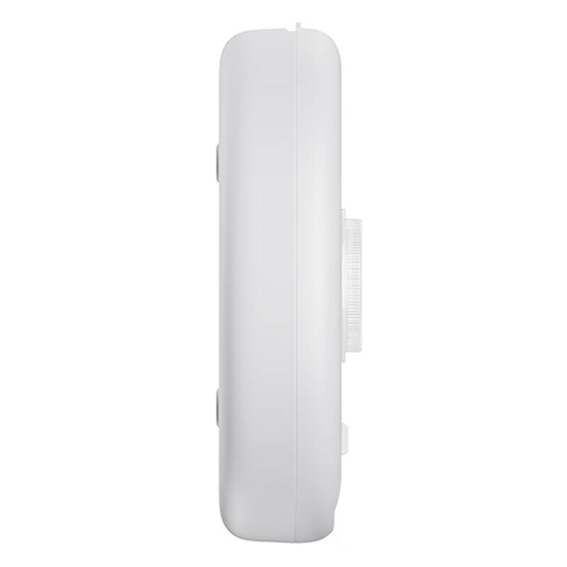 Vista laterale di un dispositivo in plastica bianca ovale su sfondo bianco.