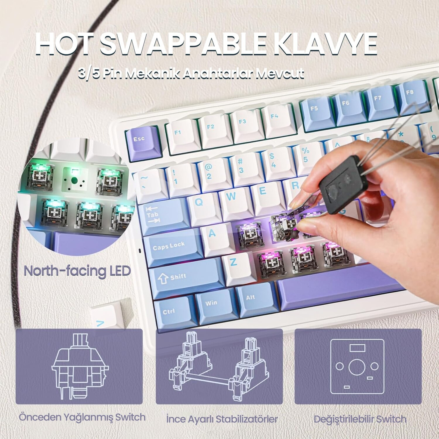 Beyaz ve mavi mekanik klavyede LED aydınlatmalı switch değiştiren bir el ve altta teknik çizimler.