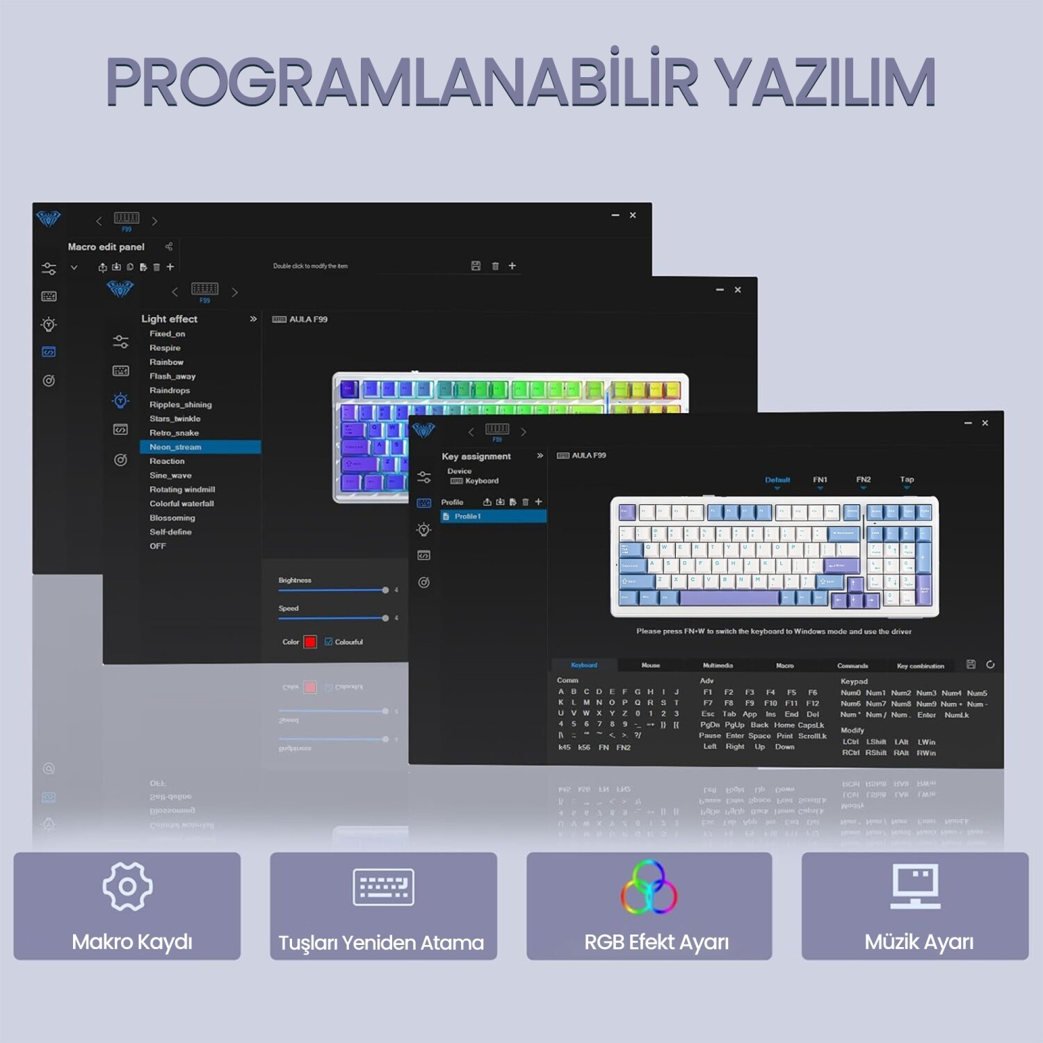 Klavye aydınlatması, makrolar ve tuş atamalarını yapılandırmak için kullanılan yazılım arayüzü.