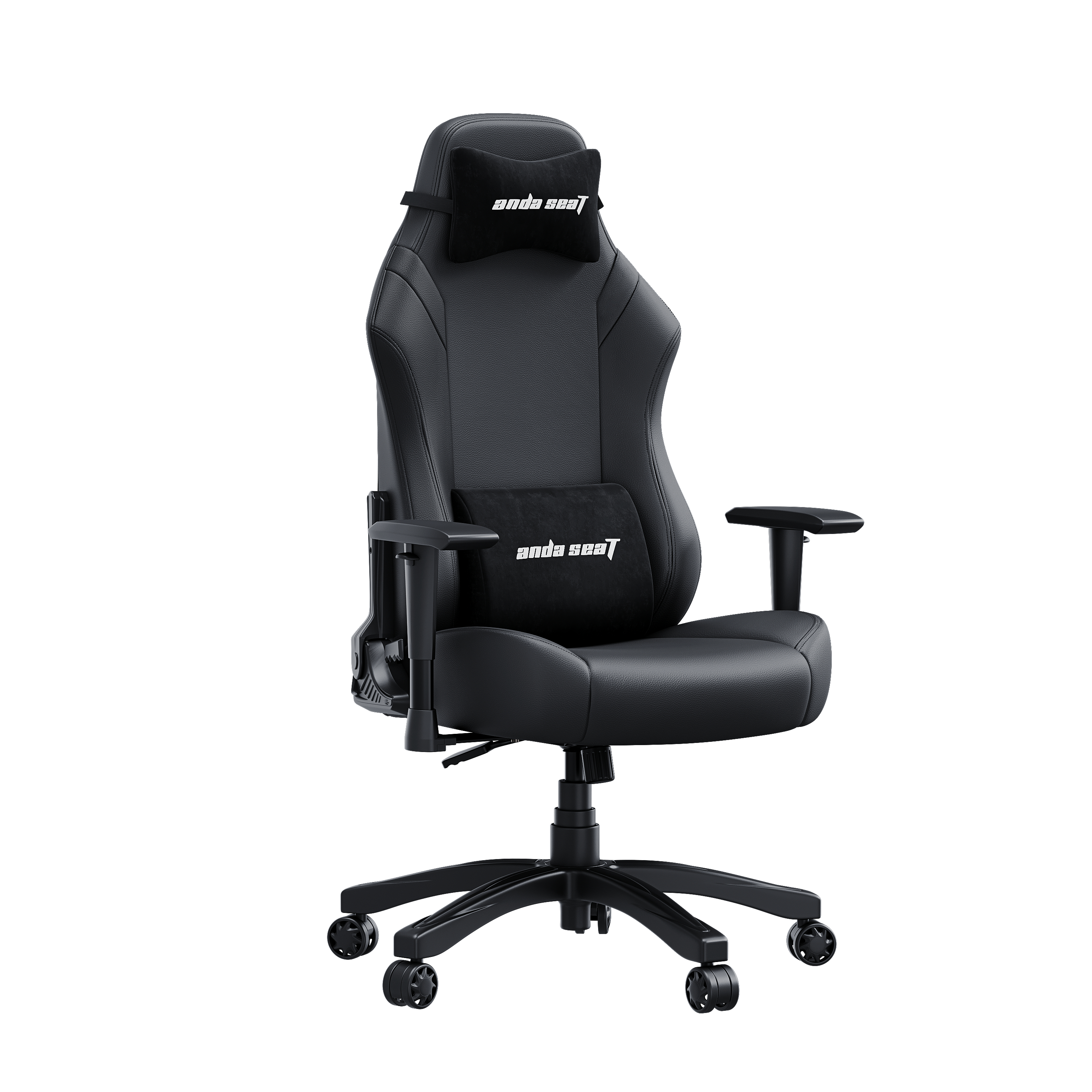 Ein schwarzer ergonomischer Gaming-Stuhl mit Kopf- und Lendenkissen vor weißem Hintergrund.