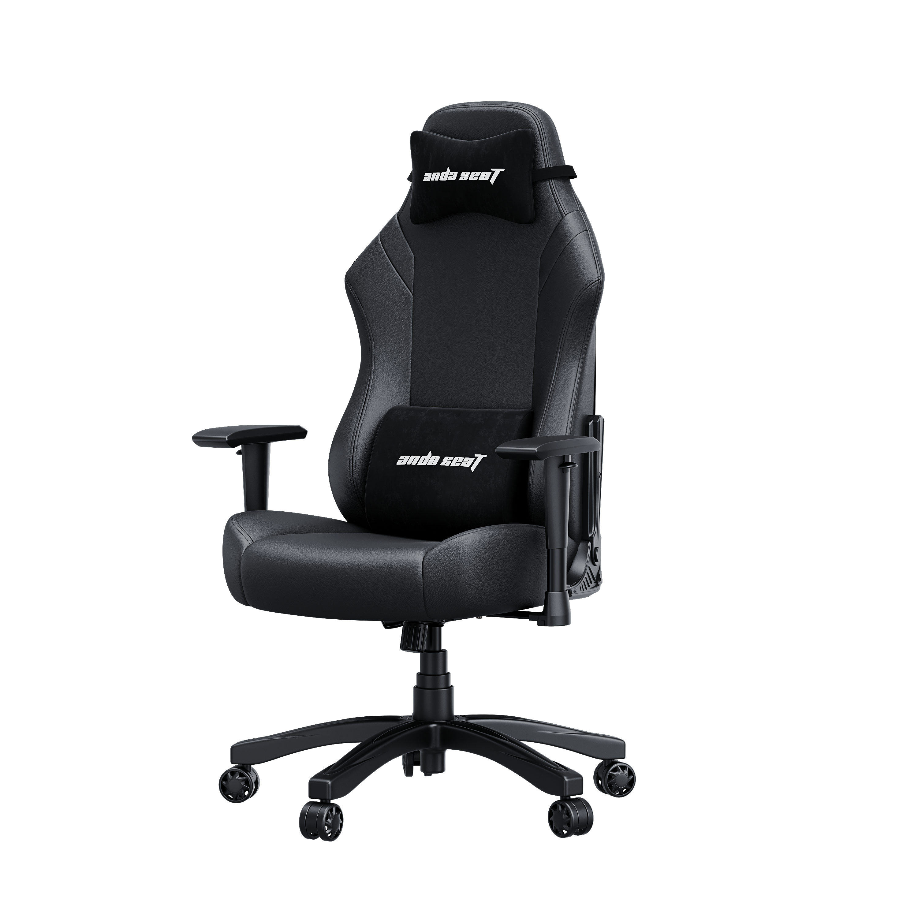 Ein schwarzer ergonomischer Gaming-Stuhl mit Kopf- und Lendenkissen und weißem Branding vor hellem Hintergrund.