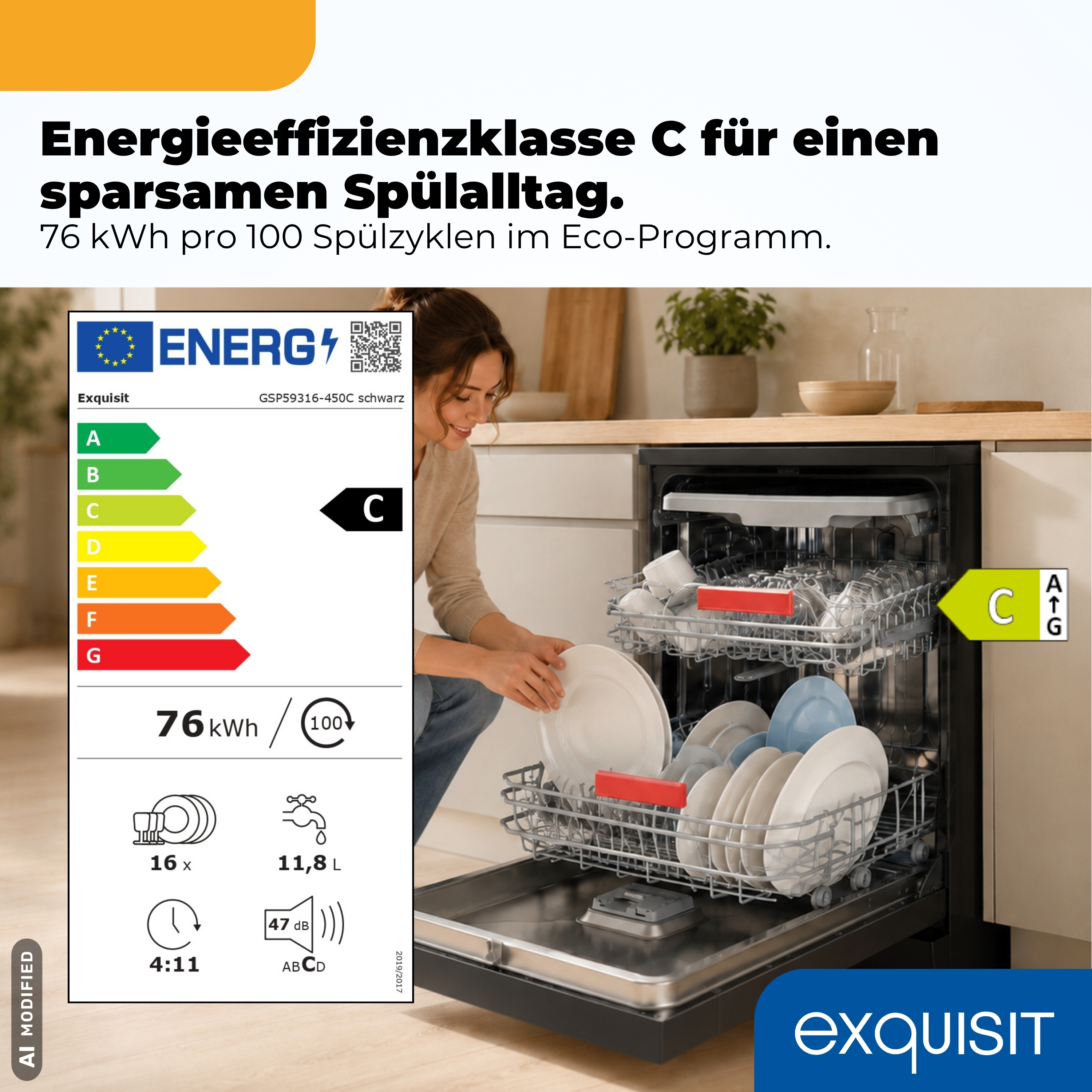 Frau räumt Geschirrspüler ein, daneben ein Energieeffizienzlabel C.