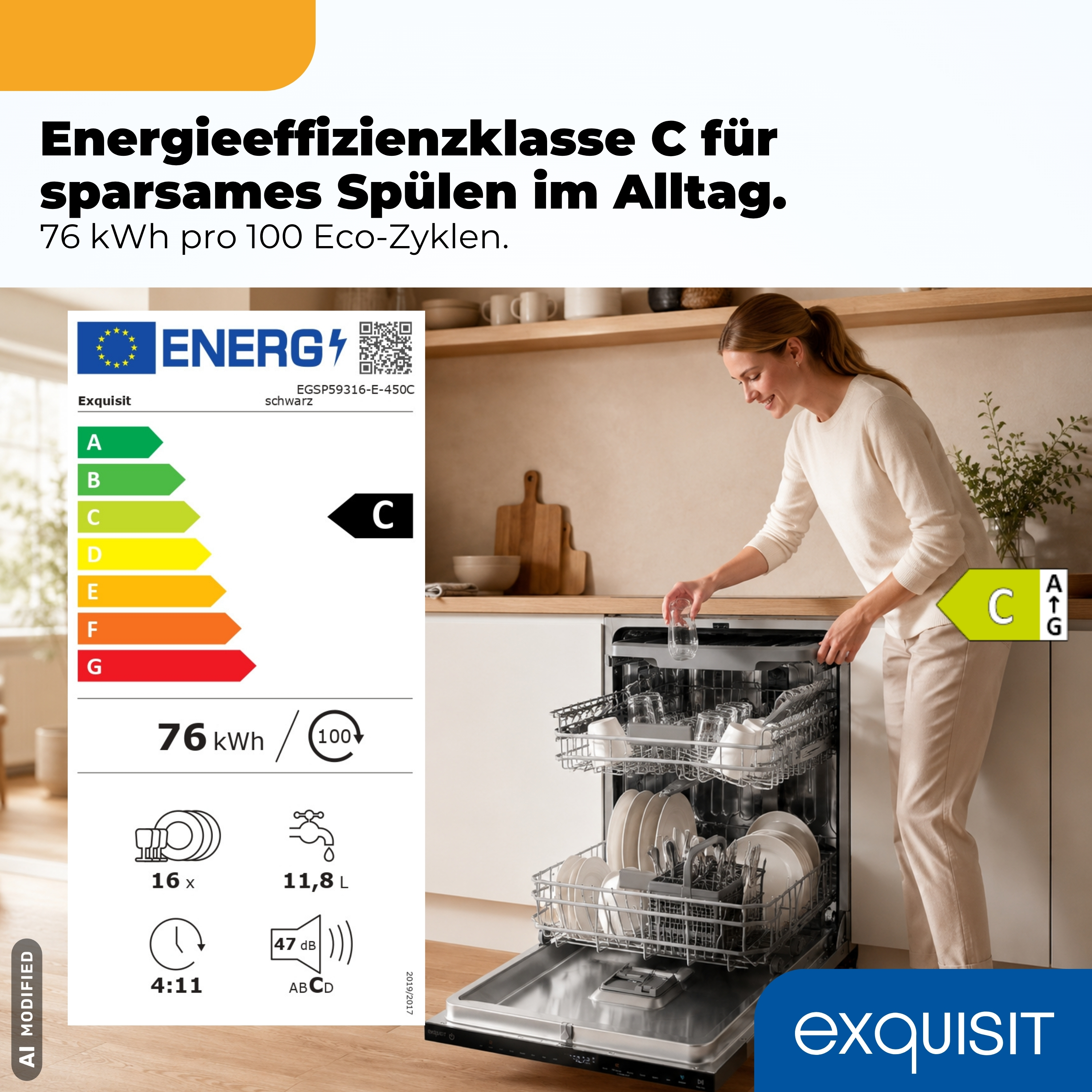 Eine Frau räumt eine Geschirrspülmaschine in einer modernen Küche ein, daneben ein Energieeffizienzlabel Klasse C.